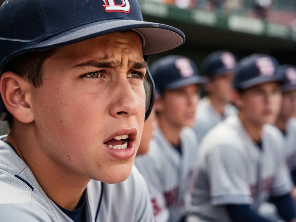 Young baseball player concentrating in dugout with teammates blurred in background during game