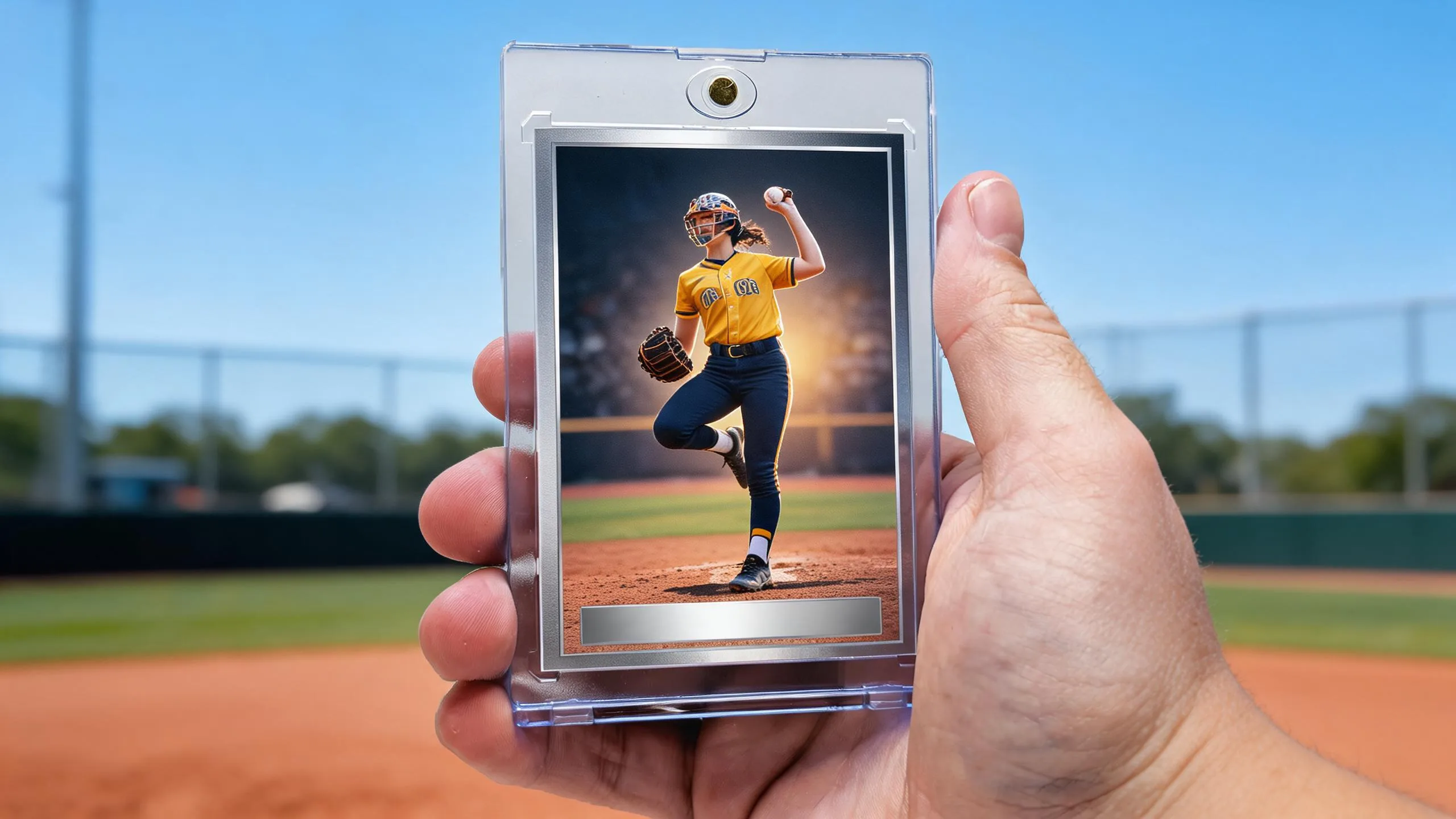 Hand holding magnetic case with best baseball trading cards to buy, pitcher card design, stadium background.