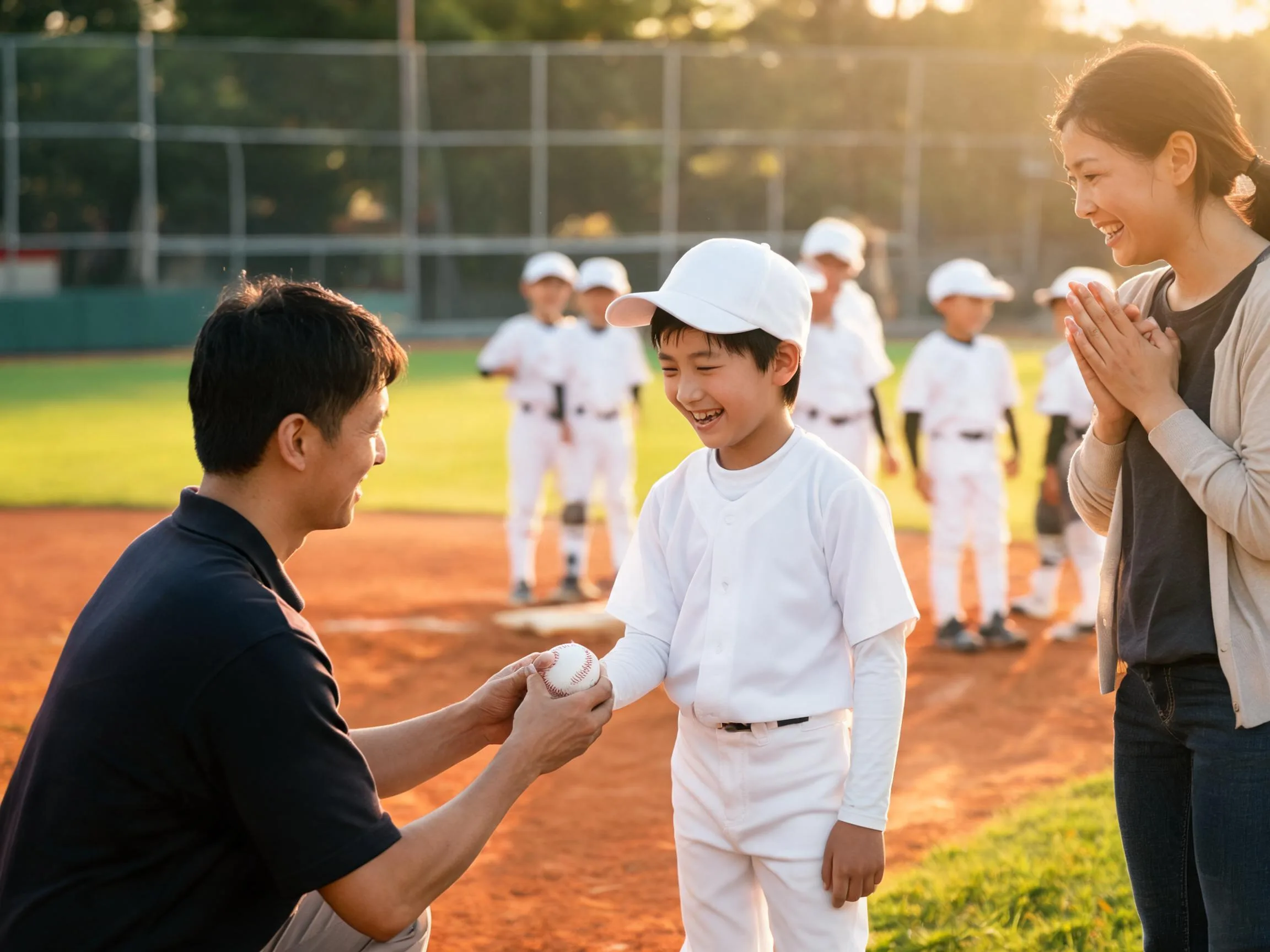 Coach and young baseball player share a proud, emotional moment on the field.