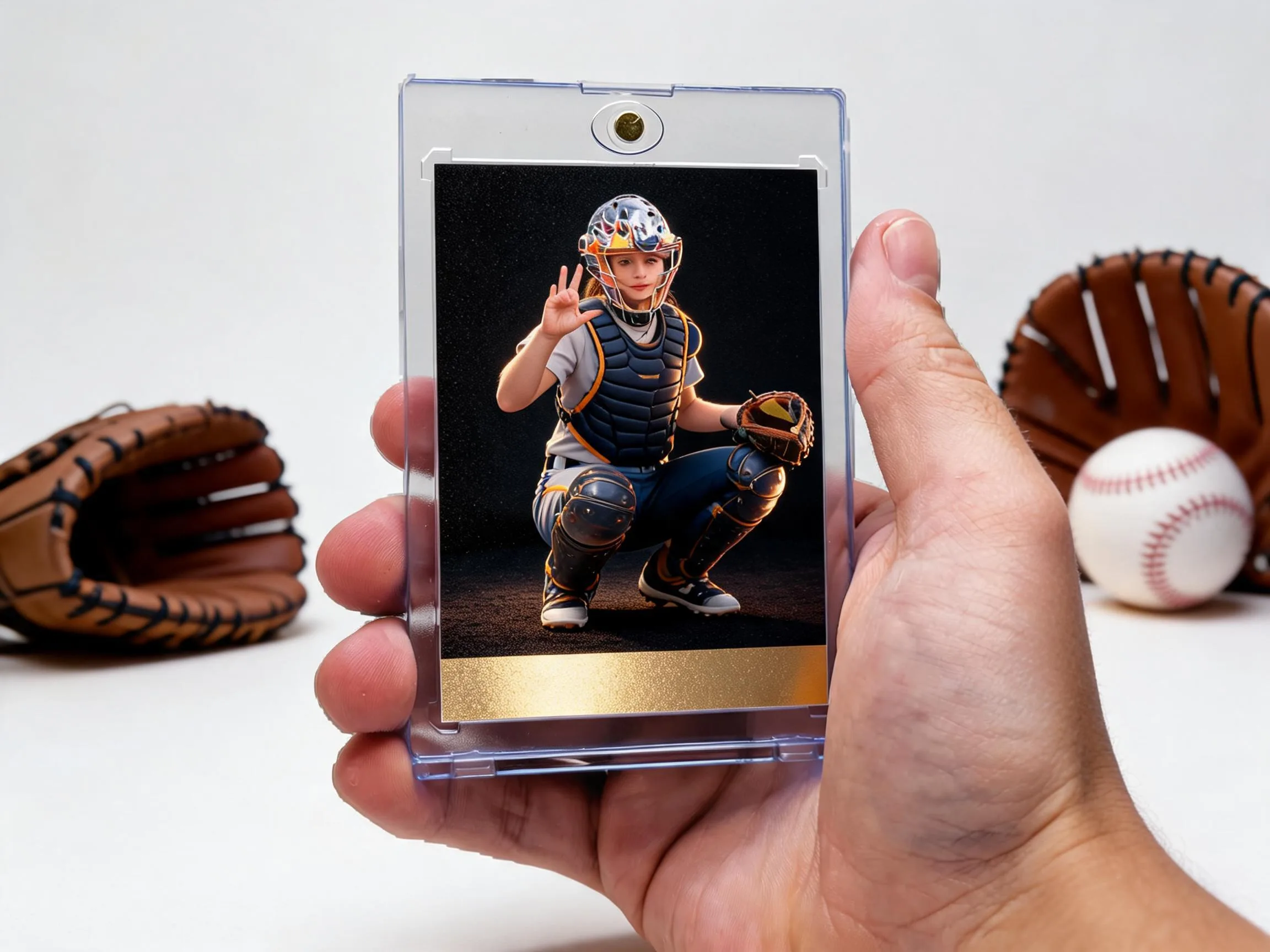 Custom baseball trading card of a catcher displayed in a clear magnetic case.
