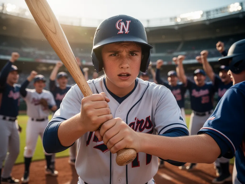 Young athlete's focused hands and face holding bat with teammates celebrating in soft background