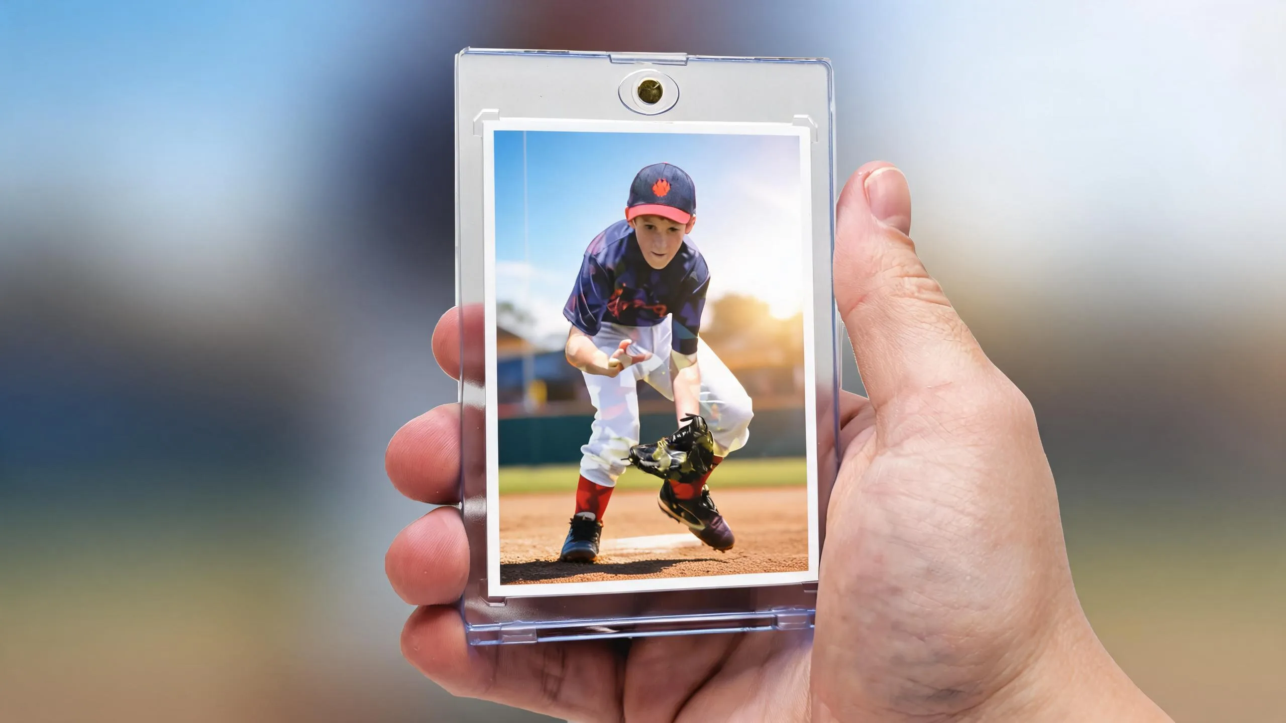 Hand holding magnetic case with custom sports card, best beginner camera for sports photography guide.