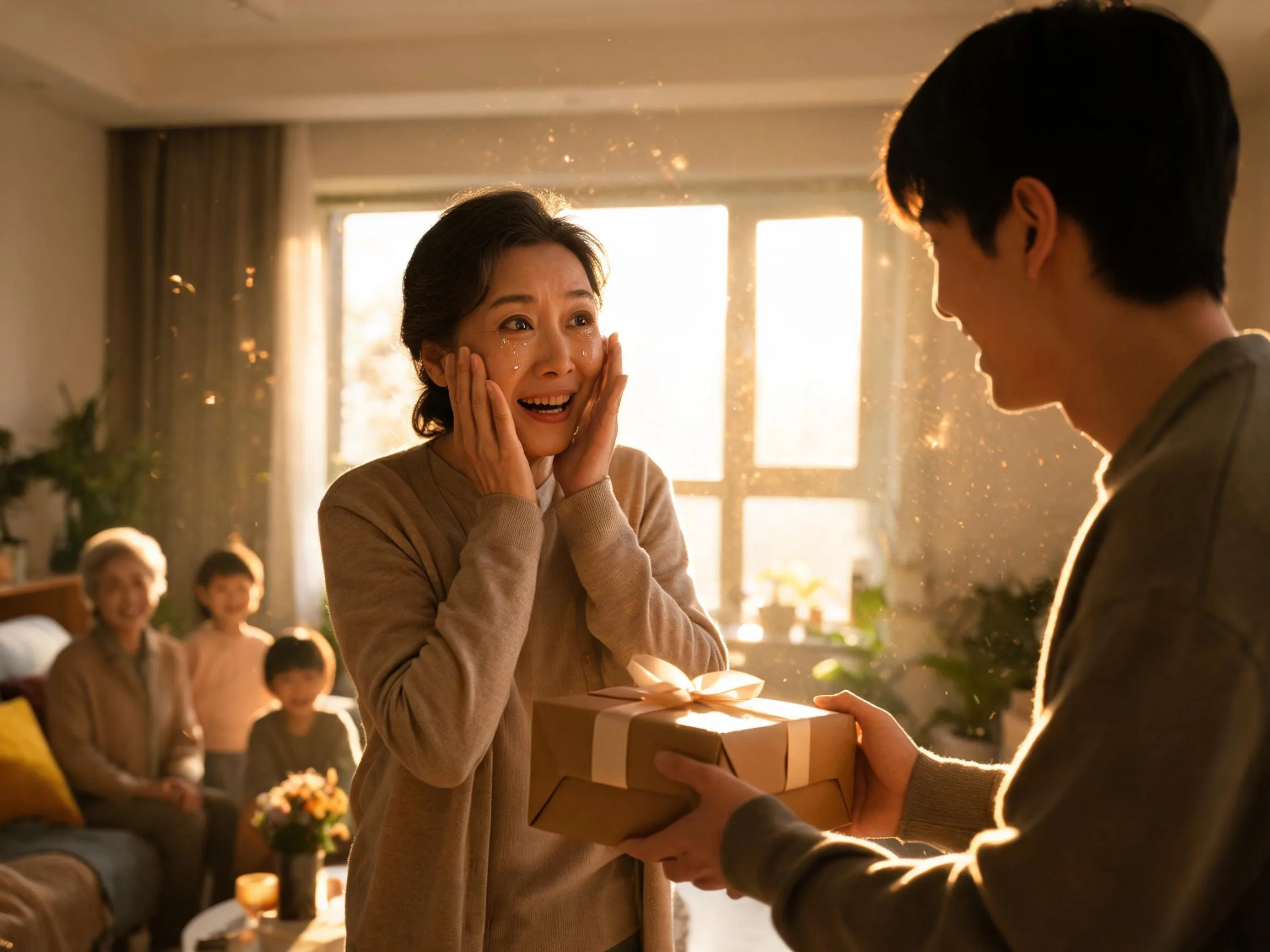 Genuine surprised reaction as someone receives an unexpected gift in warm light.