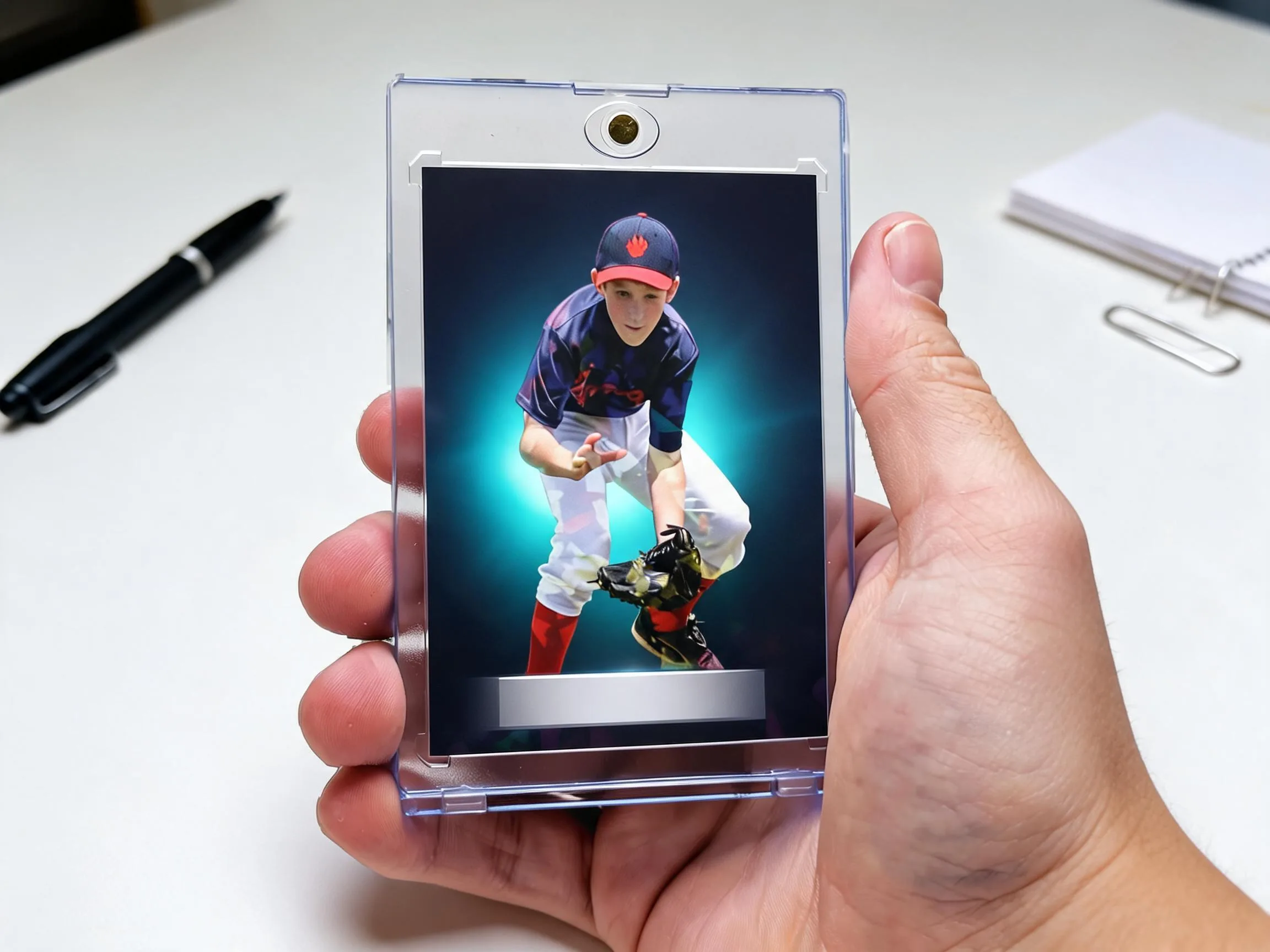 Custom keepsake trading card in clear magnetic case with stadium-night athlete design.