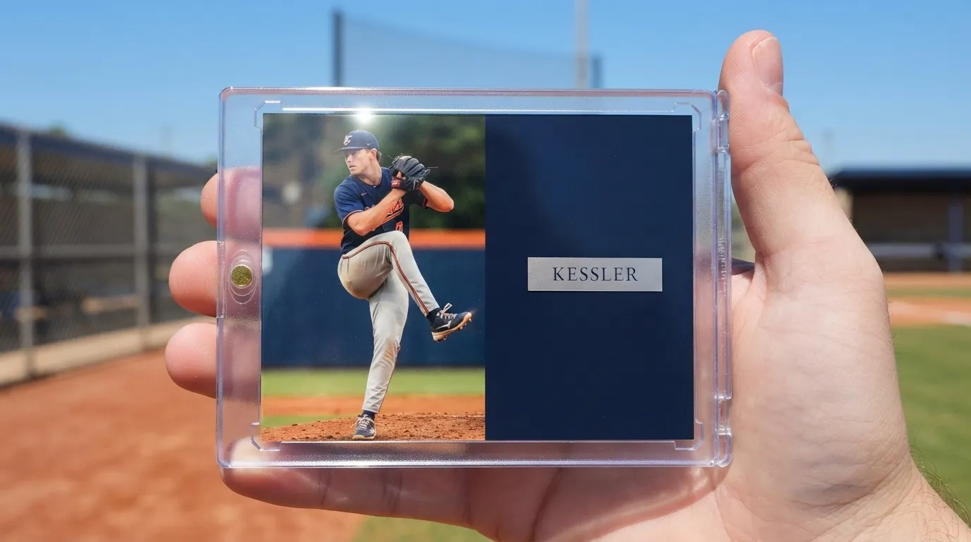 Hand holding magnetic case with best brand of baseball cards to buy, split-panel pitcher card design.