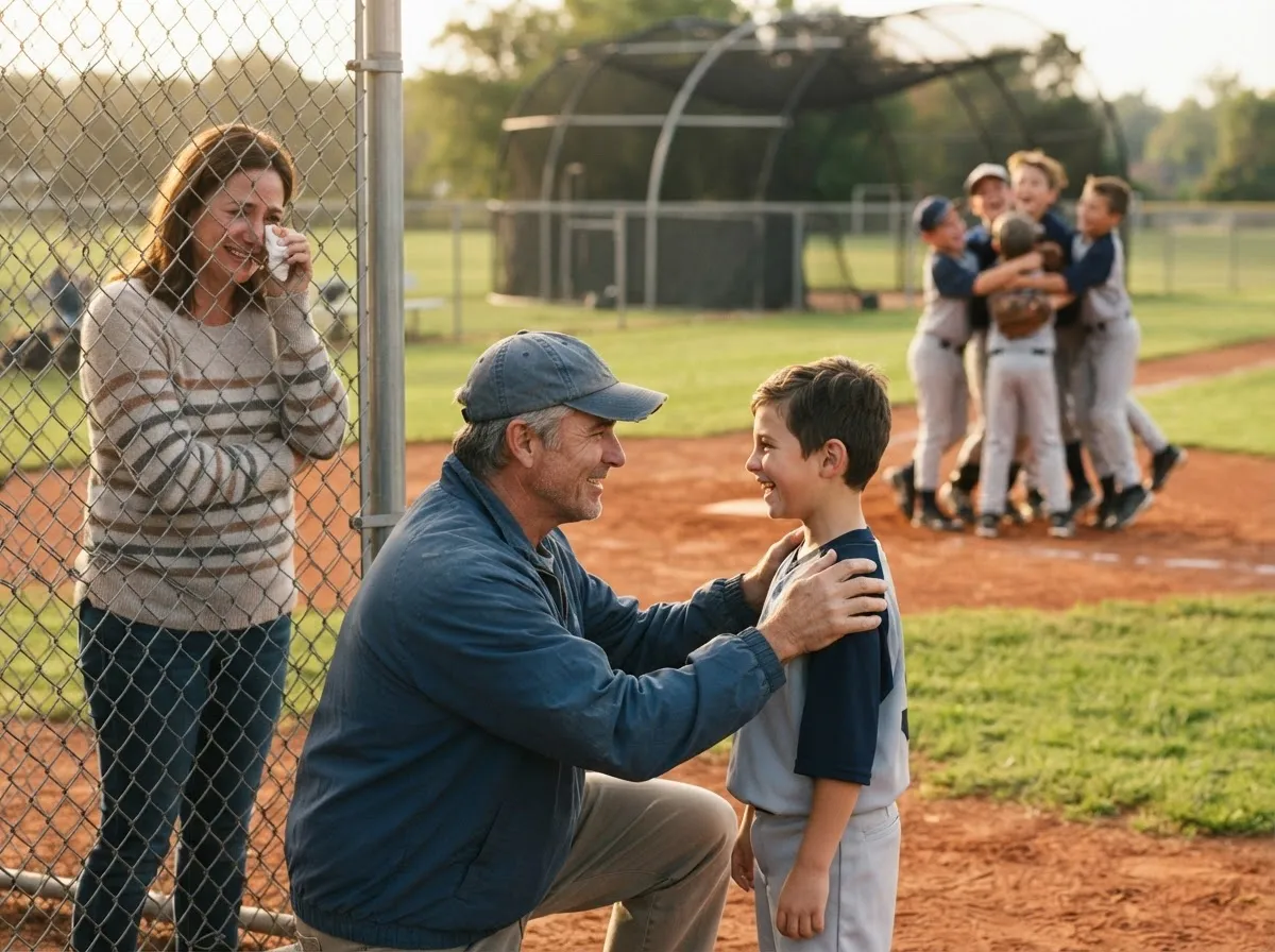 Coach and young athlete share proud emotional moment on baseball field with teammates.