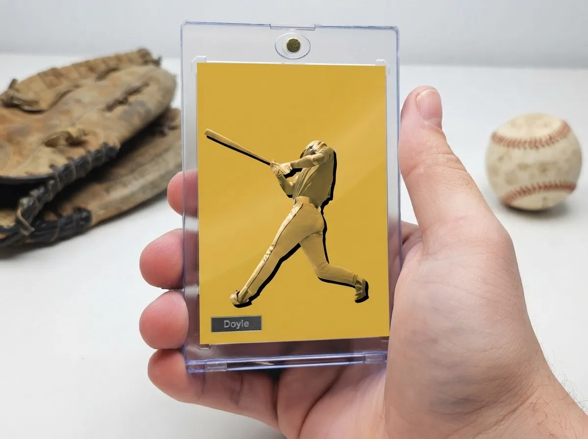 Custom baseball trading card in magnetic case, yellow editorial batter design close-up.