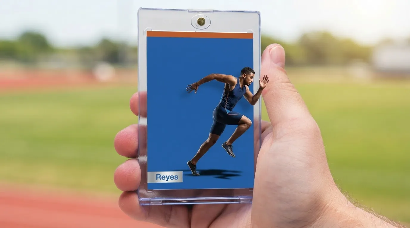 Hand holding magnetic case with premium sprinter card, showcasing best brand of sports cards to buy.