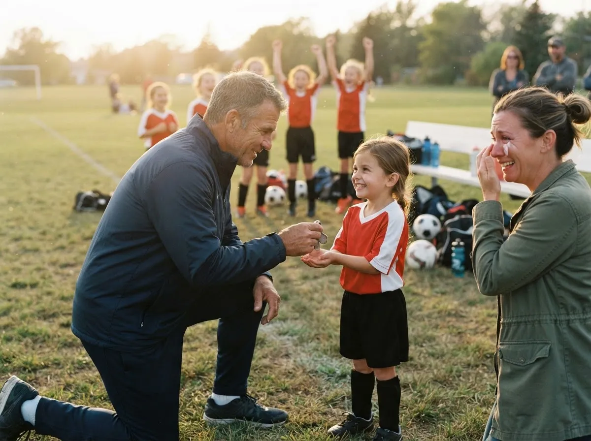 Coach and joyful young athlete share proud emotional moment on sunlit sports field together.