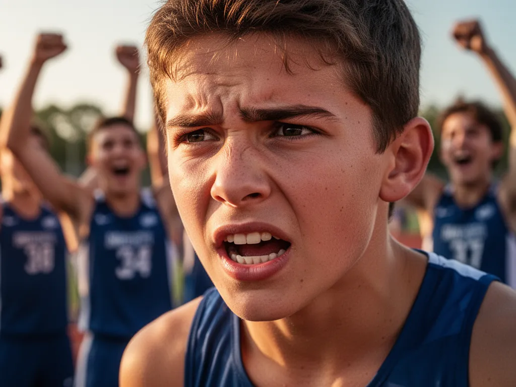Young athlete's concentrated expression during competition with supportive teammates blurred in celebratory background.