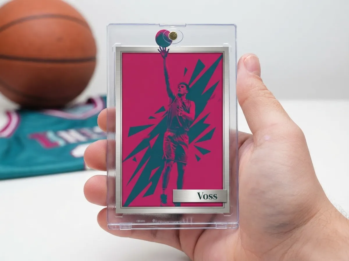 Custom sports trading card in clear magnetic case showing duotone basketball player design.