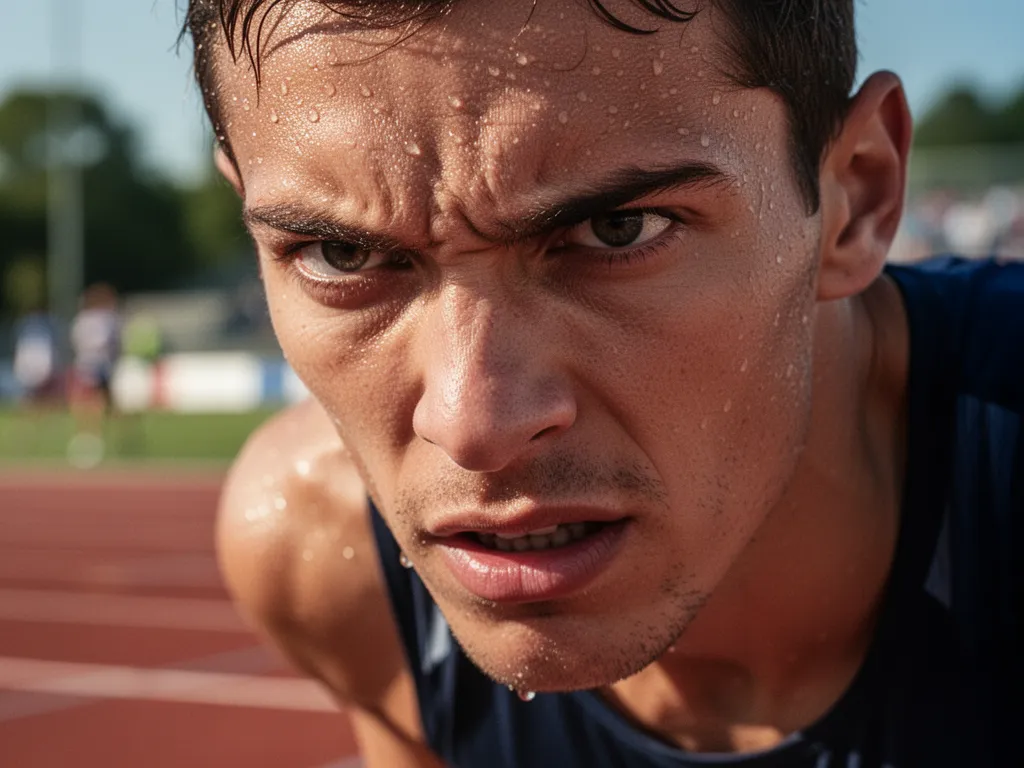 [Close-up of determined track athlete's face showing competitive intensity during race]