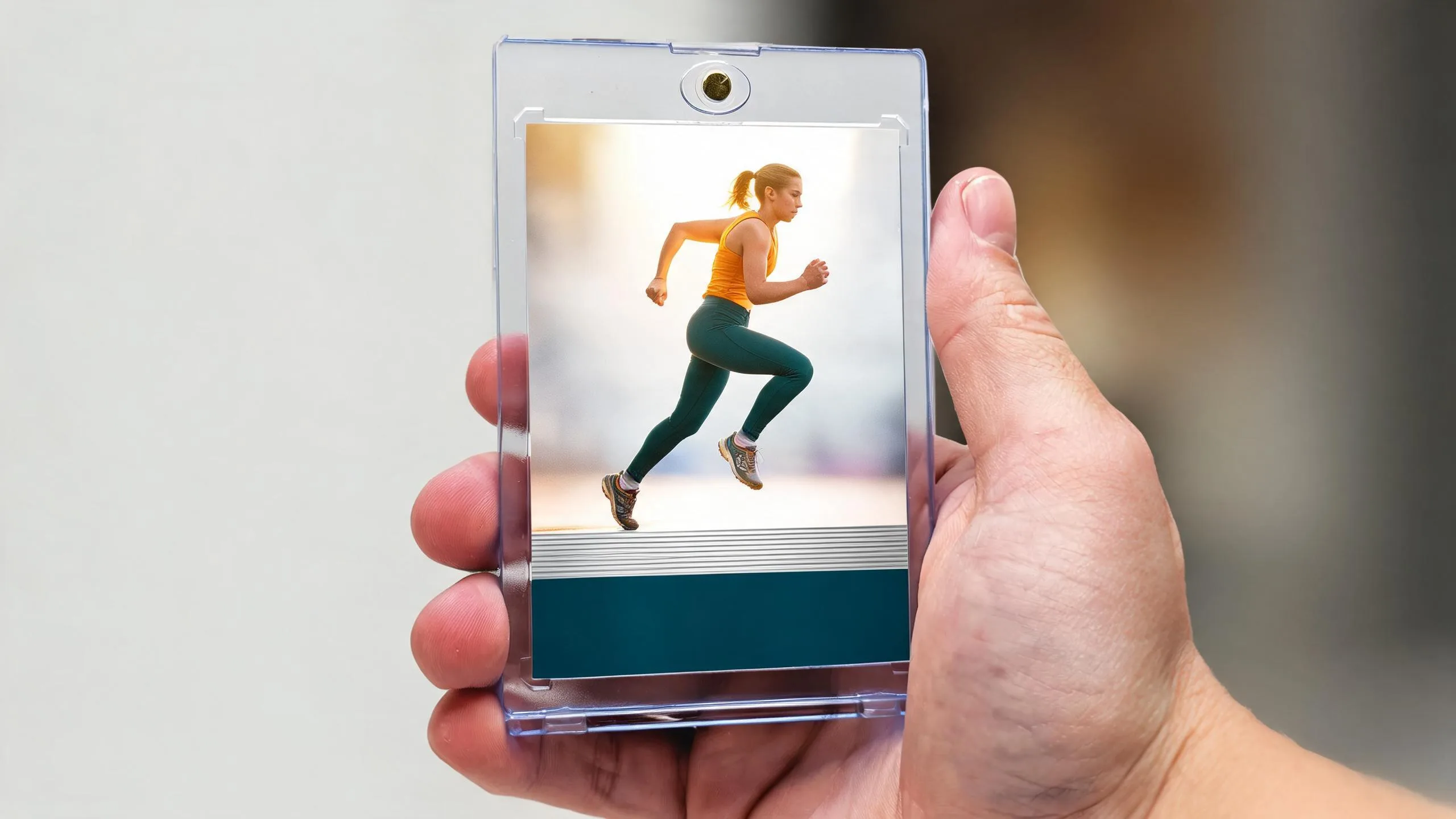 Hand holding a magnetic case with custom sports card, best budget camera for sports photography.
