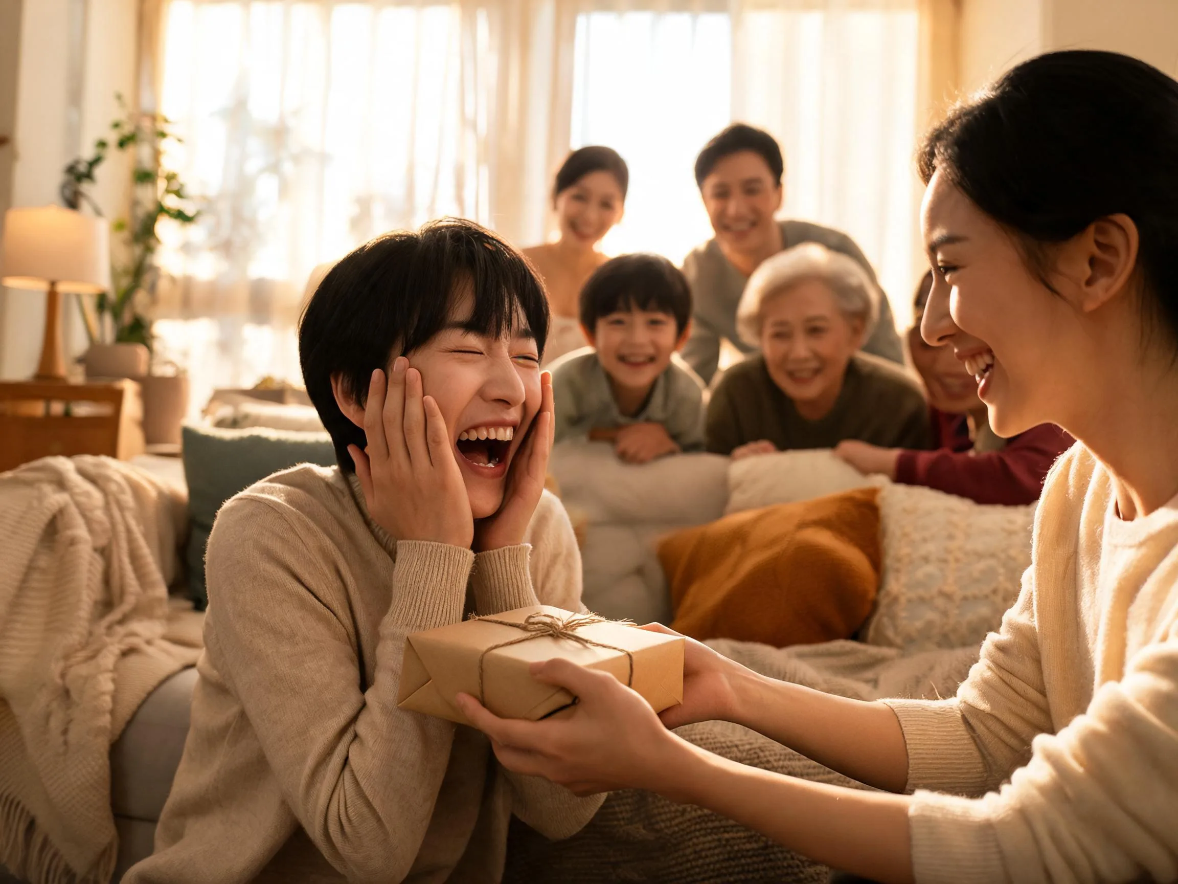 Person reacting with joyful surprise while receiving an unexpected gift indoors.