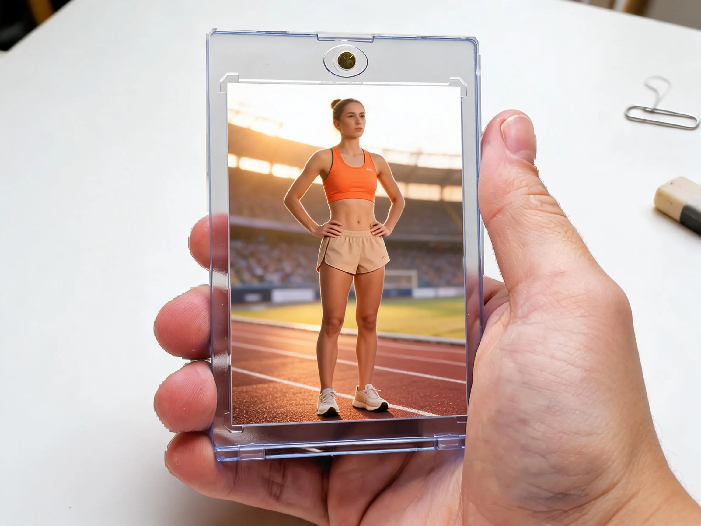 Custom keepsake trading card in a clear magnetic case displayed on a white tabletop.