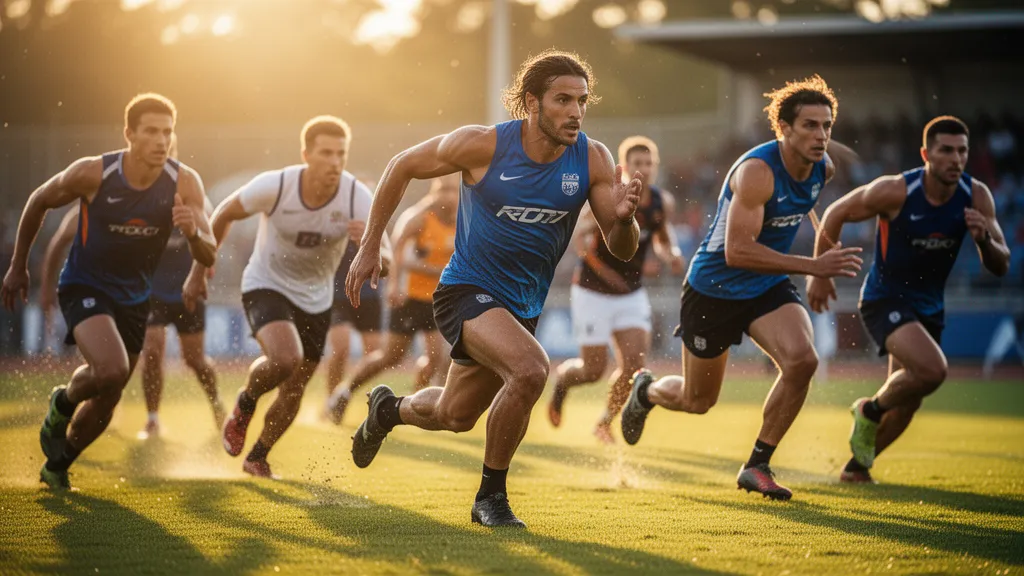 Multiple athletes competing in outdoor sport with dynamic motion and natural lighting captured in action