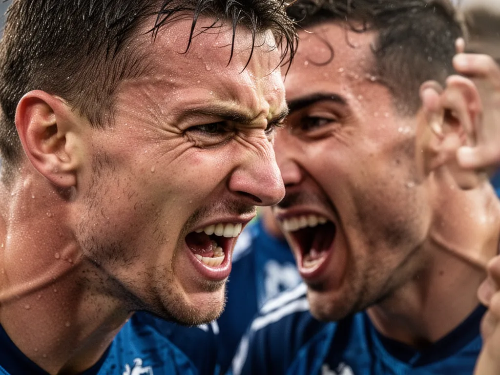 Close-up of athlete's focused expression during competitive moment with teammates visible in background