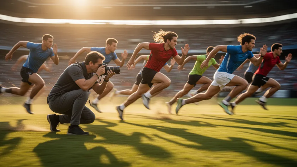 Multiple athletes sprinting at full speed across a sunlit field with dynamic motion and energy