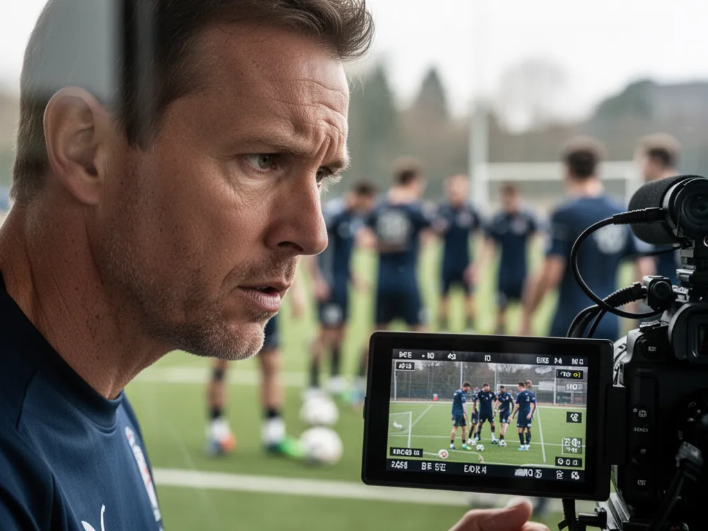 Coach intently reviewing camera footage with blurred athletes training in background