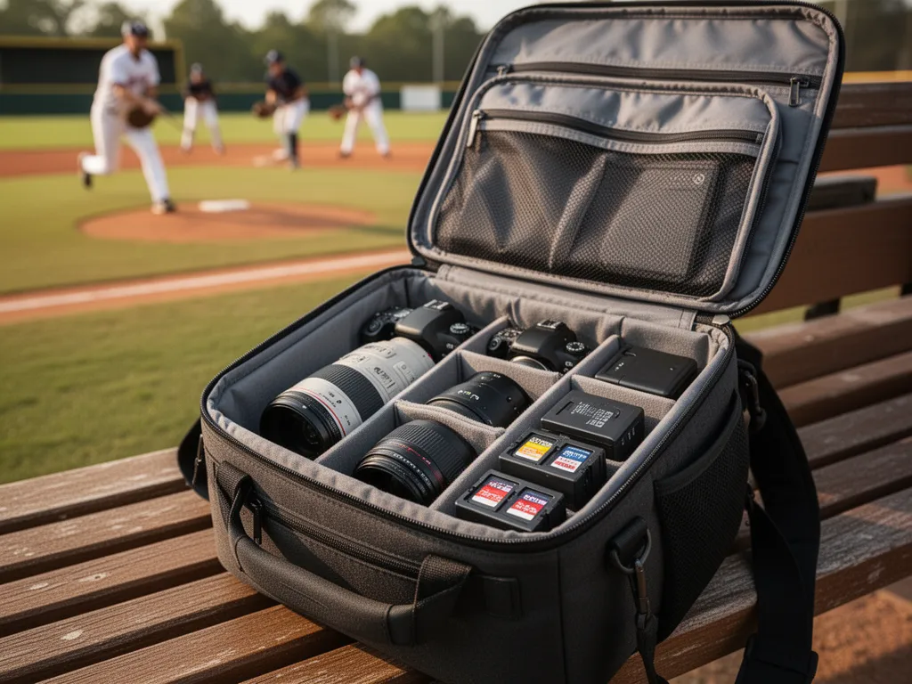 Open camera bag displaying organized lenses and photography equipment beside baseball field with players