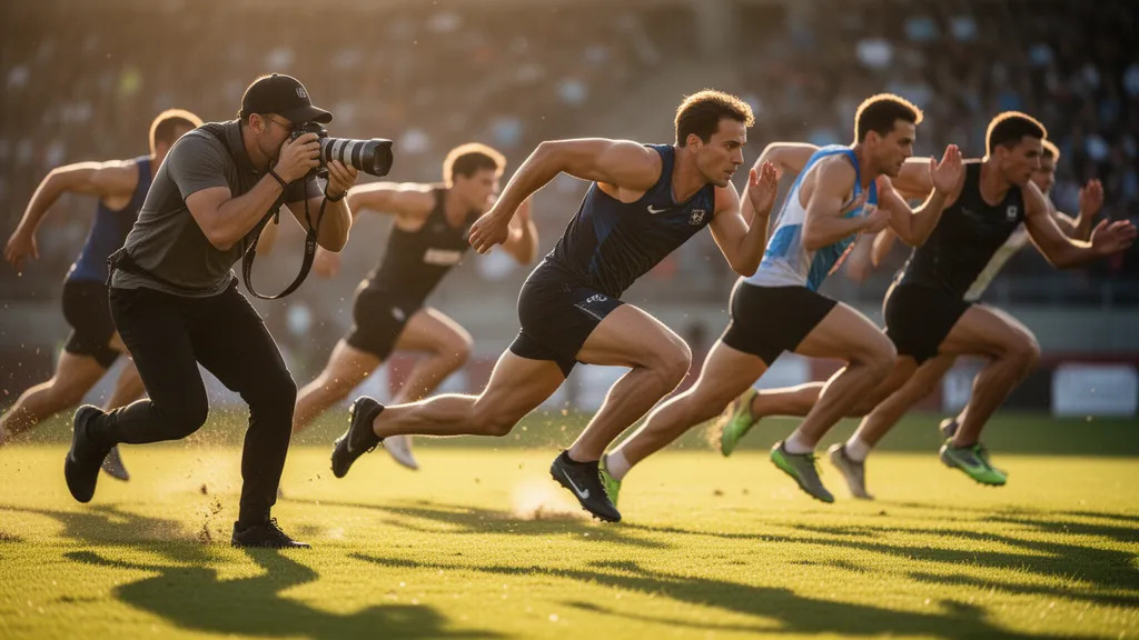 Professional sports photographer capturing multiple sprinting athletes in action on outdoor grass field during golden hour lighting