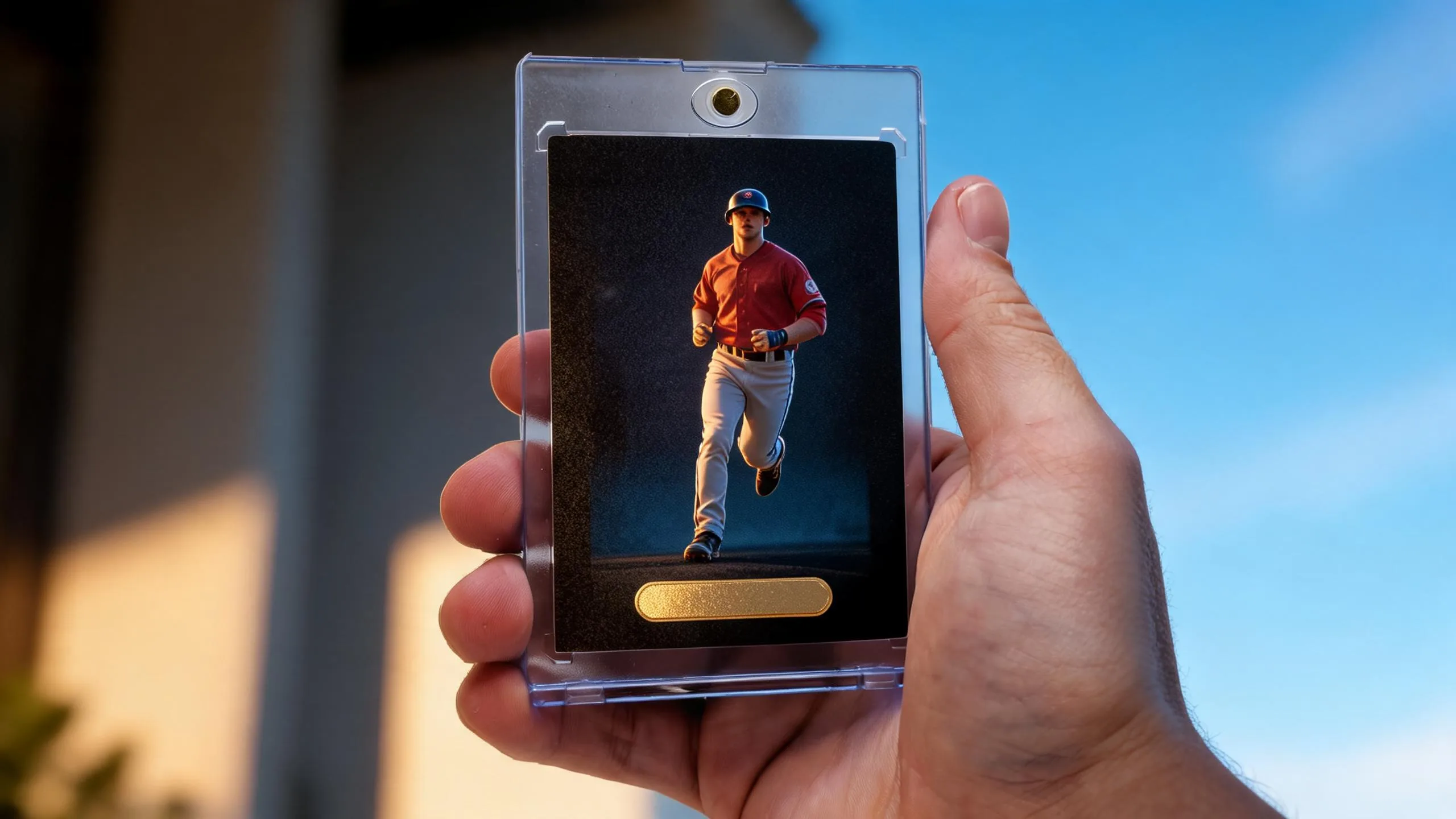 Magnetic case holding a custom athlete card, illustrating the best camera for sports photography and video.