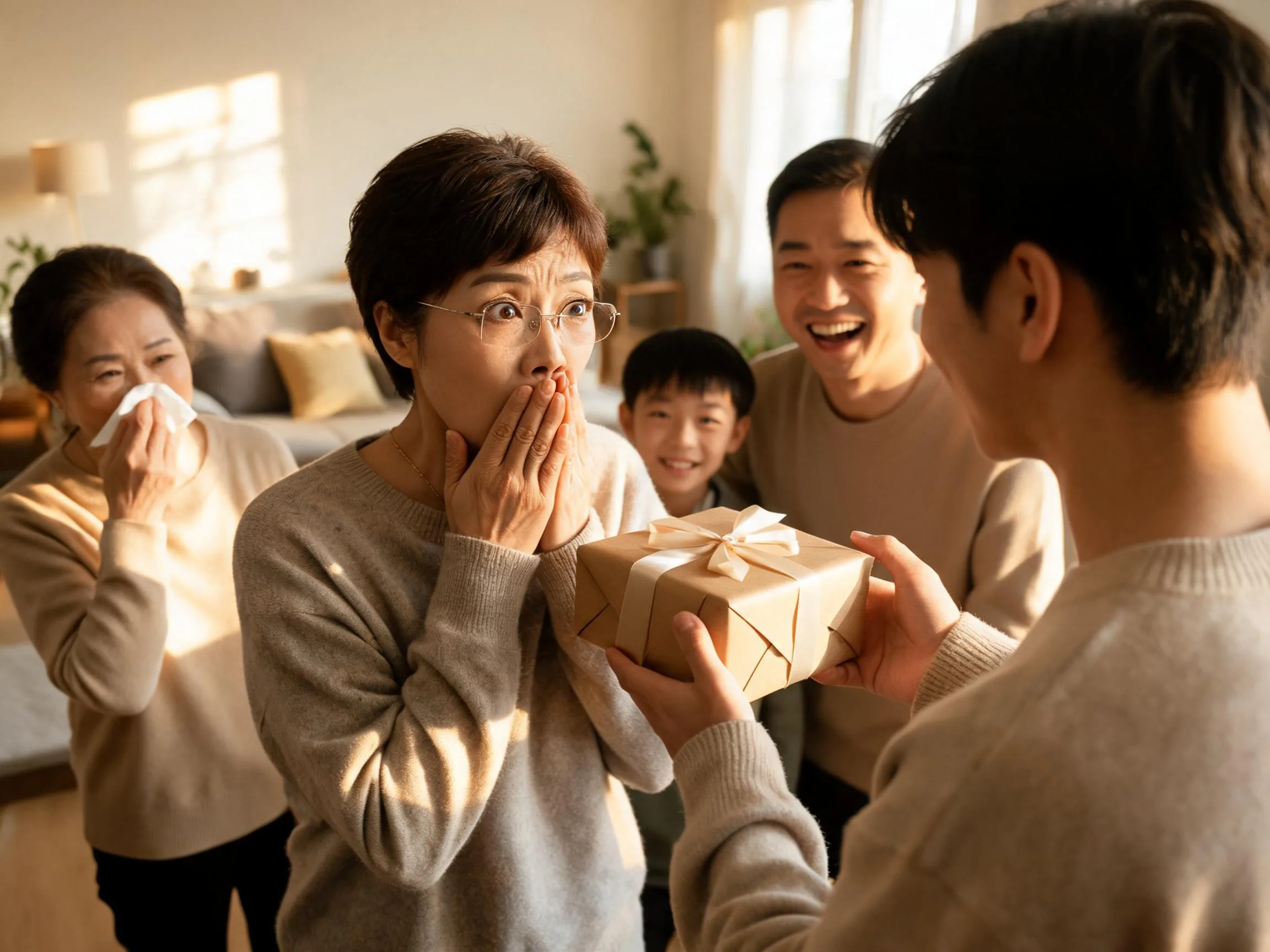 Family member reacting with joyful surprise to an unexpected gift in warm natural light.