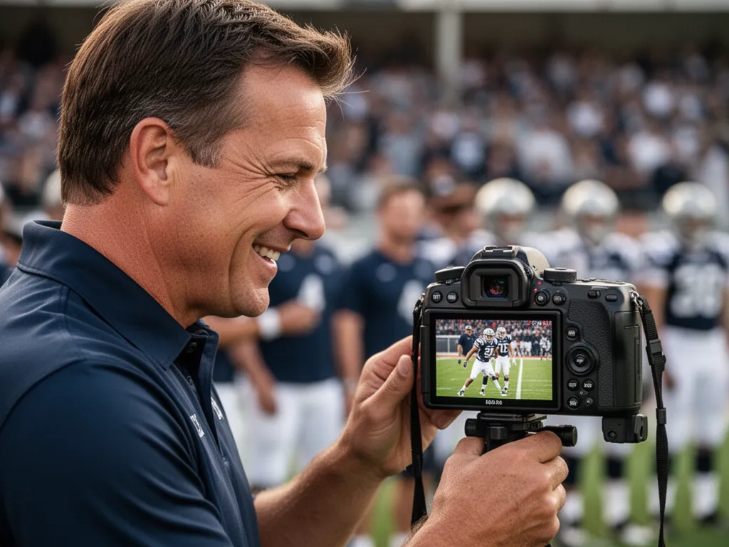 Coach reviewing recorded sports footage on professional camera display with focused intensity and satisfaction
