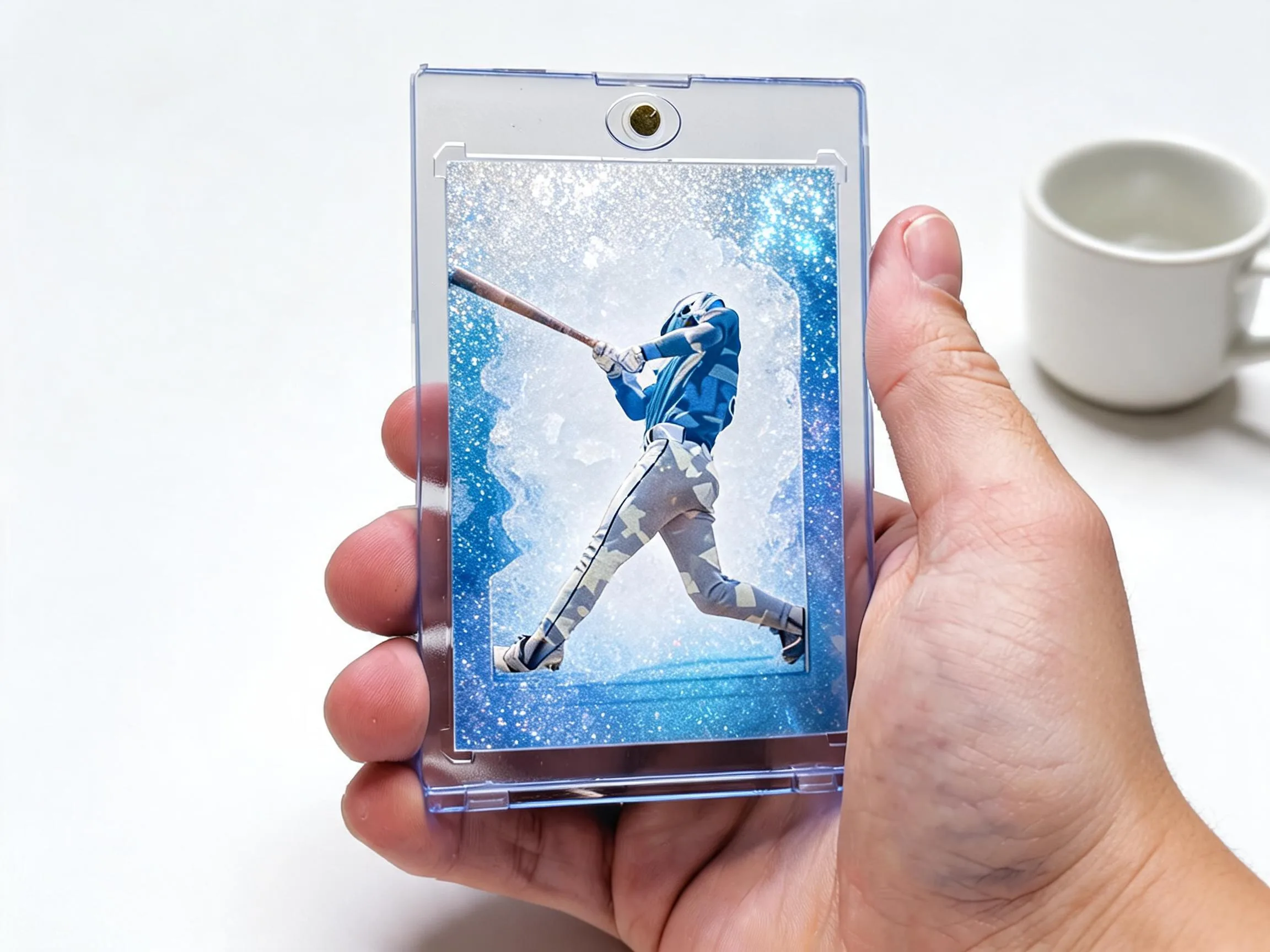 Hand holding a custom keepsake trading card in a magnetic case on a white tabletop.