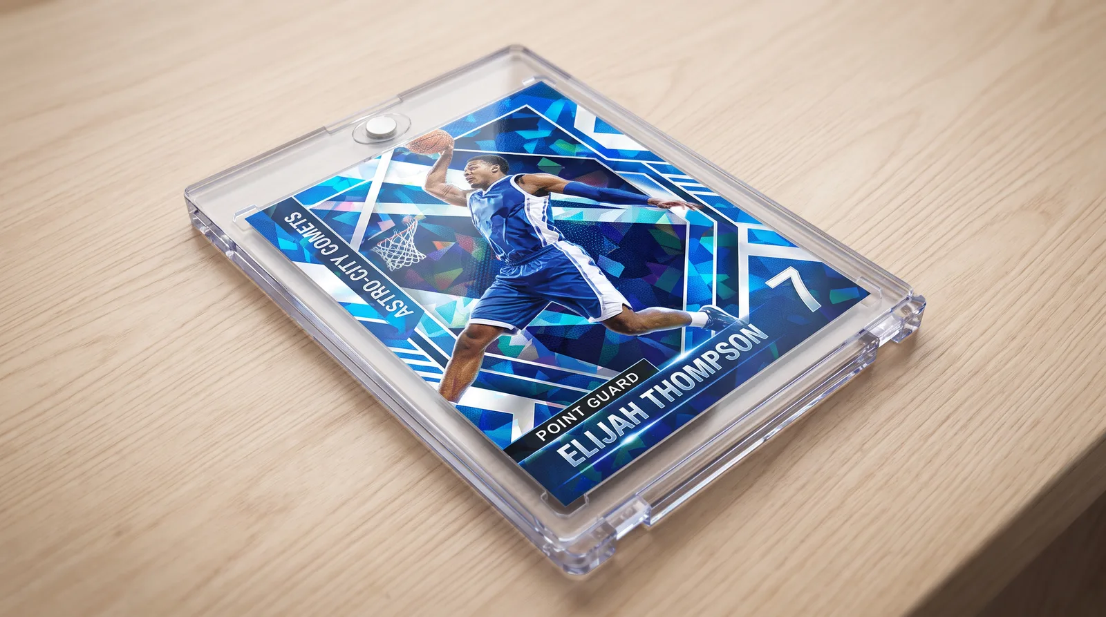 Custom basketball trading card lying flat in its magnetic case on a wooden desk