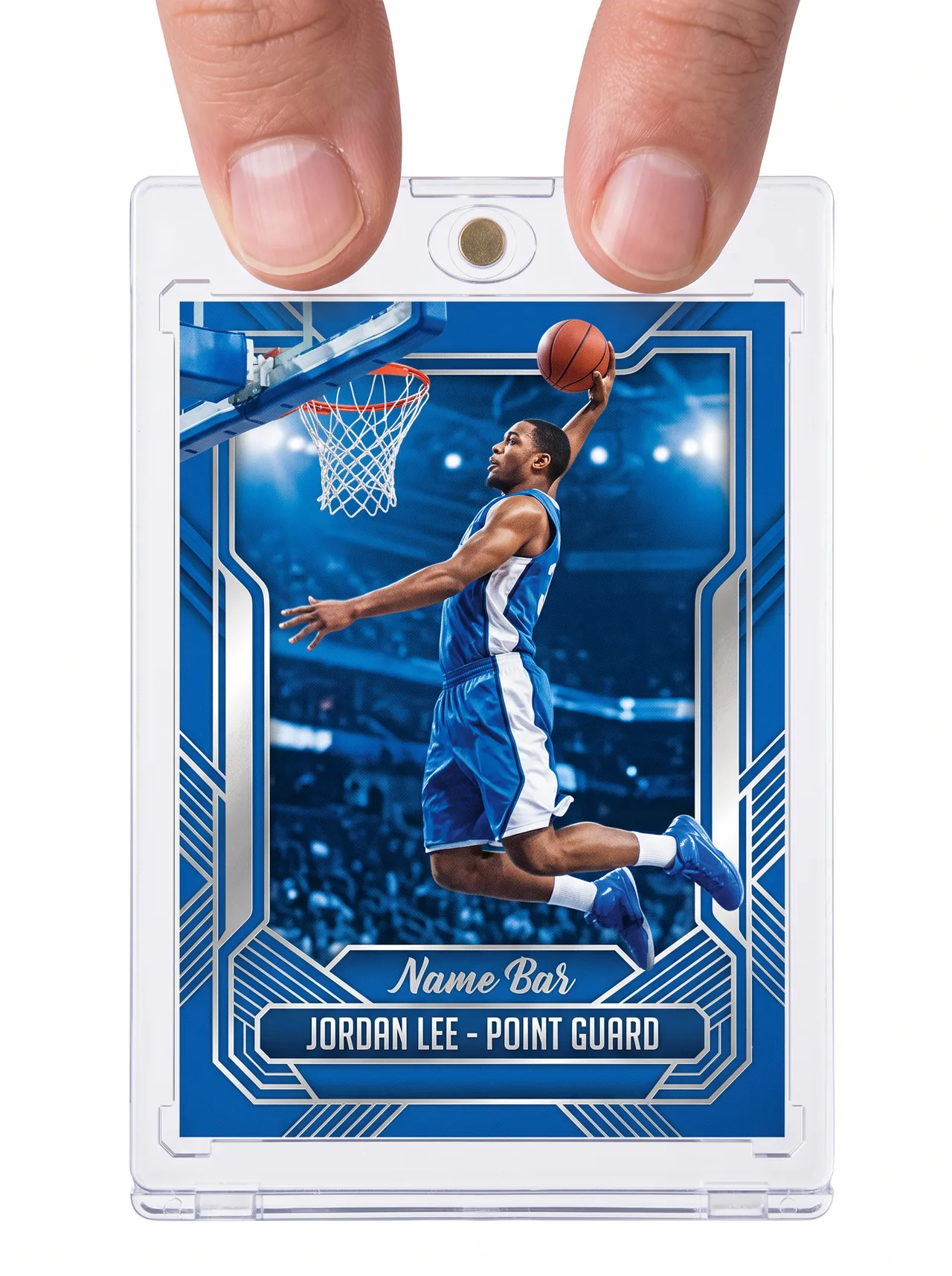 Custom basketball trading card held between finger and thumb in its magnetic case