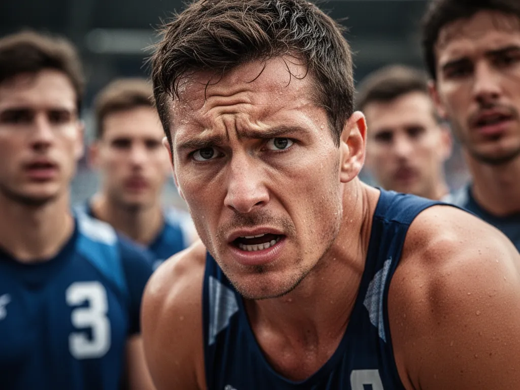 [Athlete's concentrated face showing determination with team members cheering in blurred background]