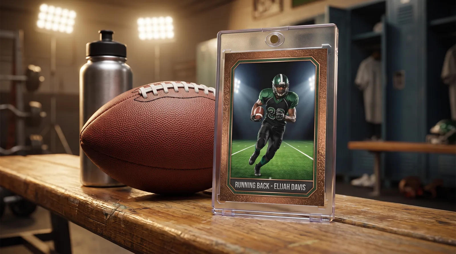 Custom football trading card propped in its magnetic case on a gym bench