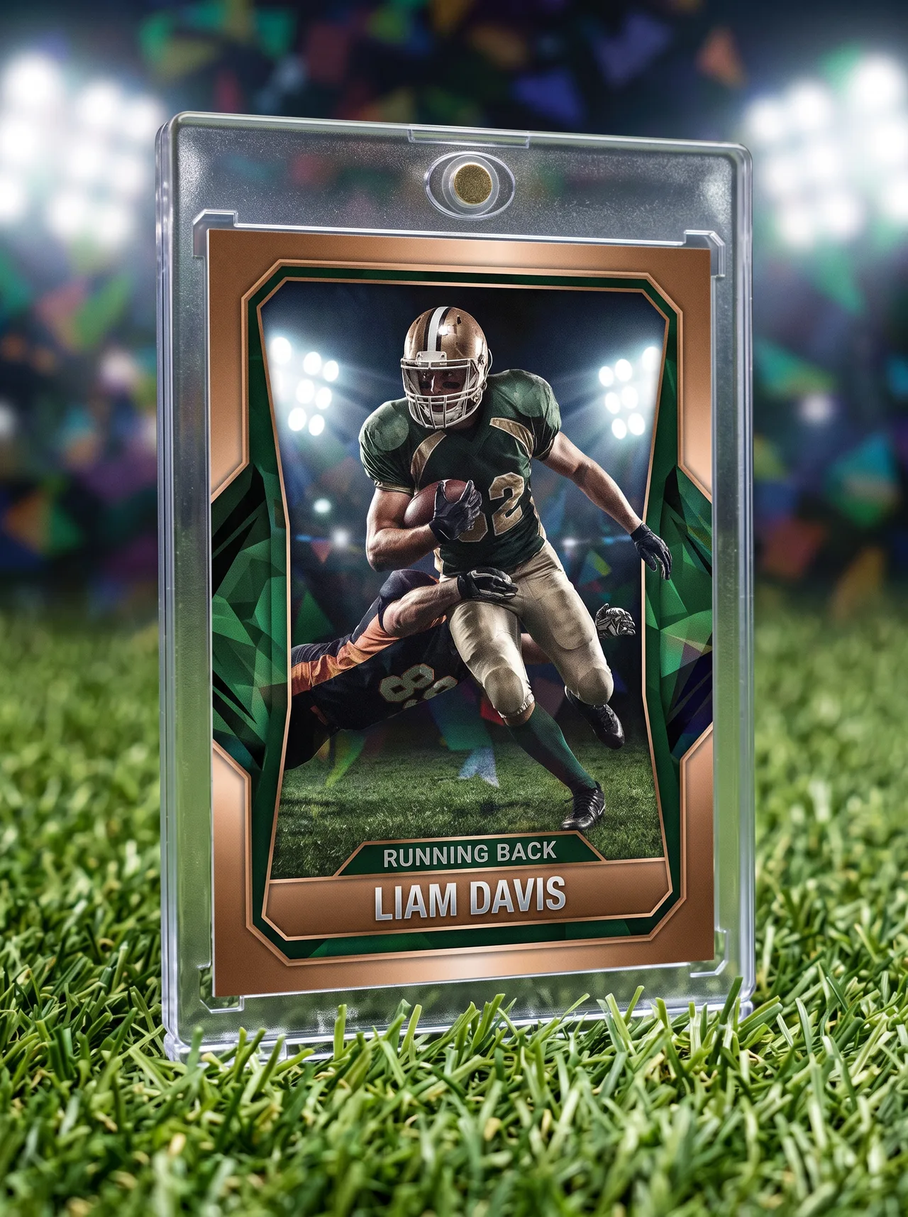 Custom football trading card standing in its magnetic case on outdoor turf