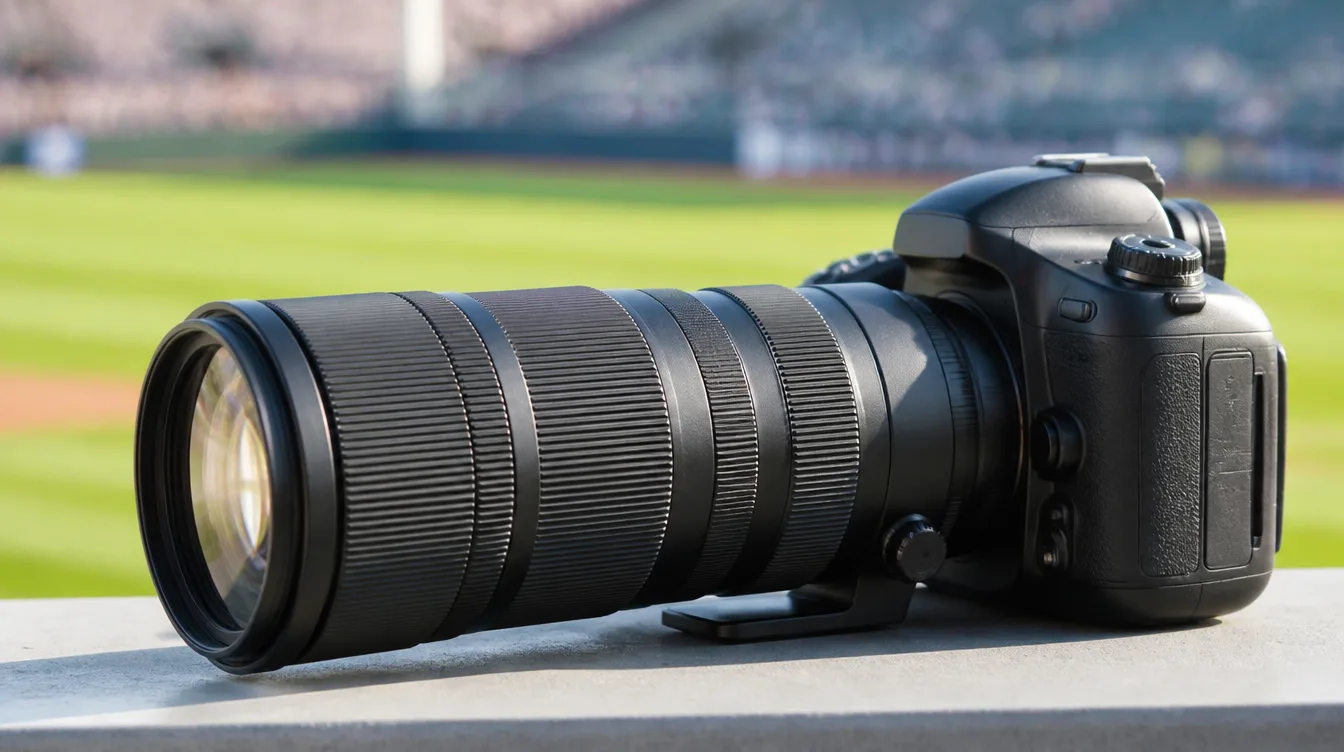Professional DSLR camera with a telephoto lens at a sunny sports field