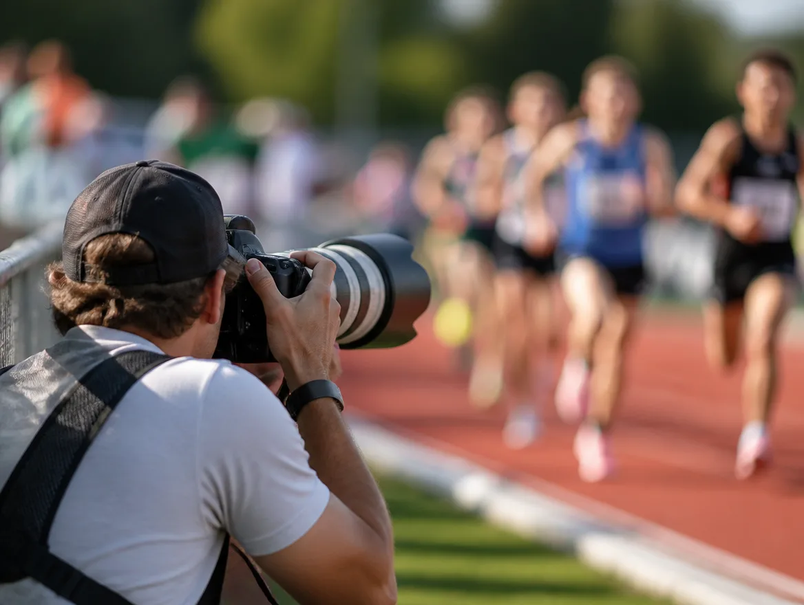 Sports photographer capturing fast sideline action with a long lens