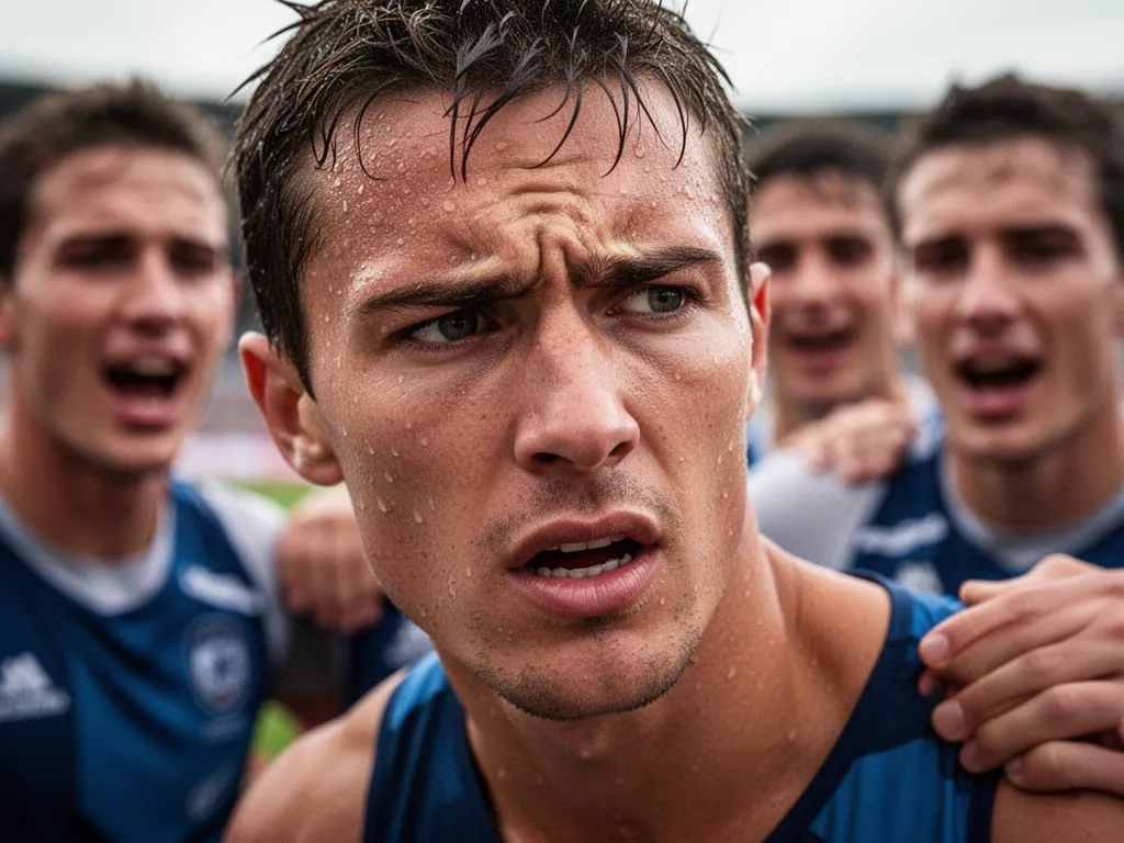 Athlete's concentrated face during competition with supportive teammates visible in soft focus background