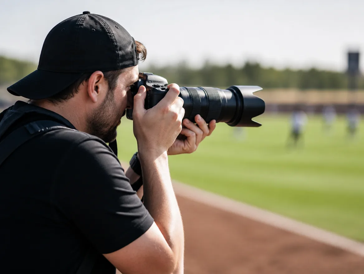 Sports photographer holding a professional DSLR camera at a game