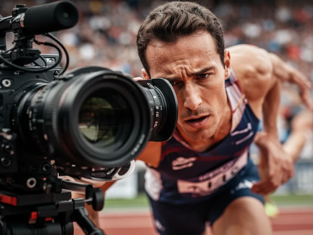 Close-up of professional camera lens capturing emotional moment of focused athlete during sports competition