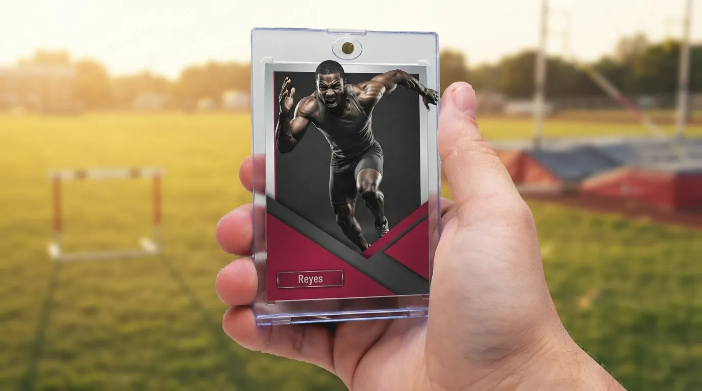 Hand holding magnetic case with best camera sports photography trading card of a sprinting athlete.