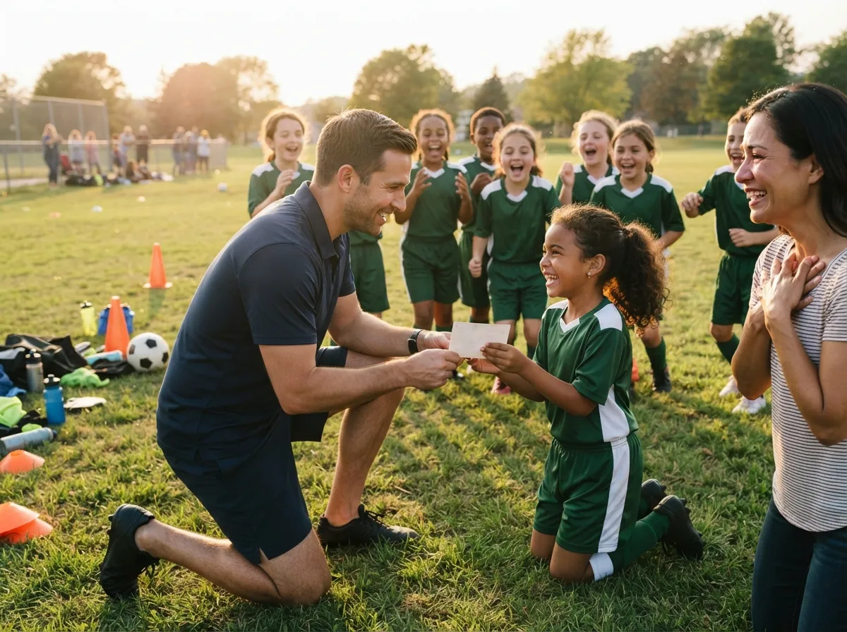 Coach shares a proud moment with young athlete as teammates celebrate on the field.