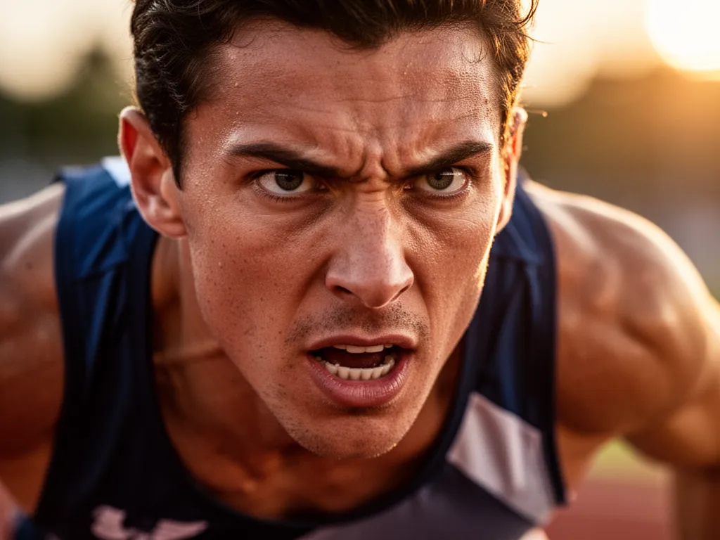 Close-up of athlete's determined expression showing intensity and focus during competitive sporting performance