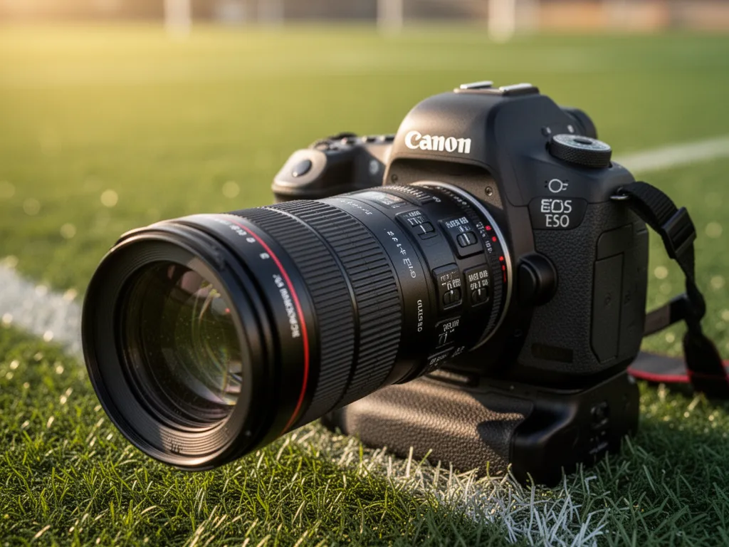 Canon DSLR camera with telephoto lens resting on outdoor soccer field during daylight