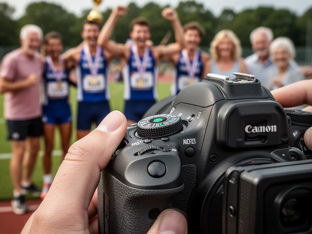 Sports photographer's hands operating Canon DSLR with celebrating athletes and spectators blurred in background