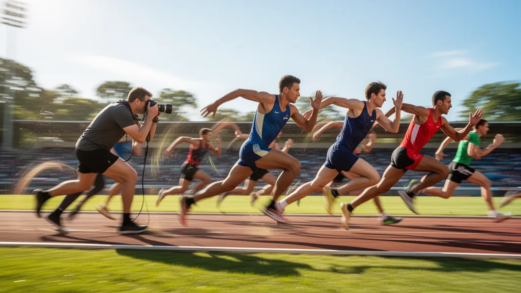 Athletes competing in dynamic outdoor sport with natural lighting and motion energy captured