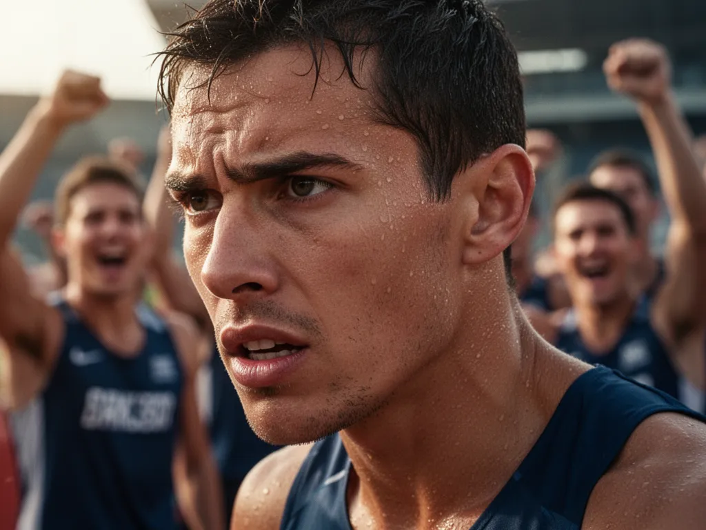 Close-up of athlete's concentrated face showing determination and passion during competition