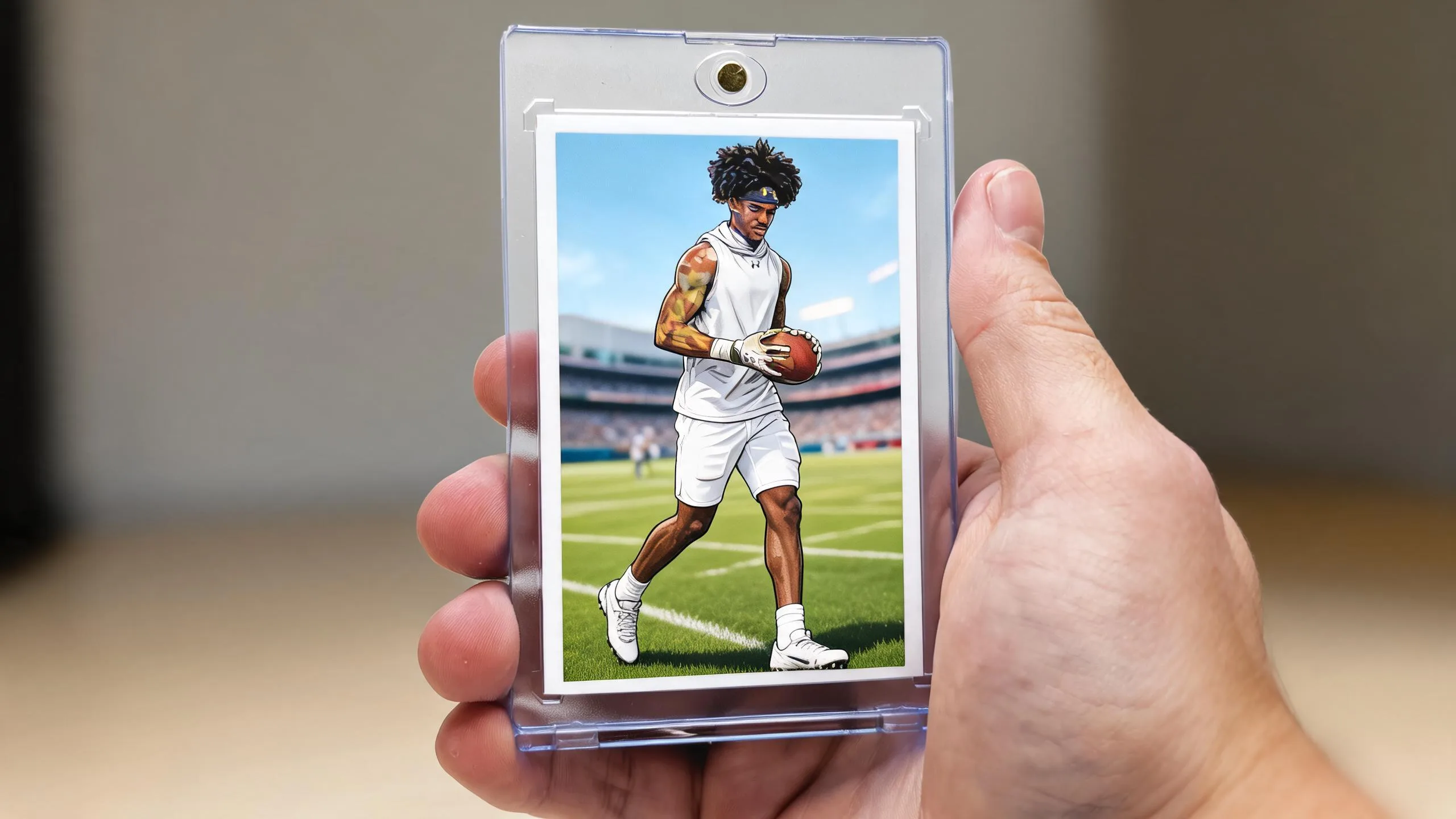 Hand holding magnetic case with athlete card, illustrating best Canon lens for sports photography