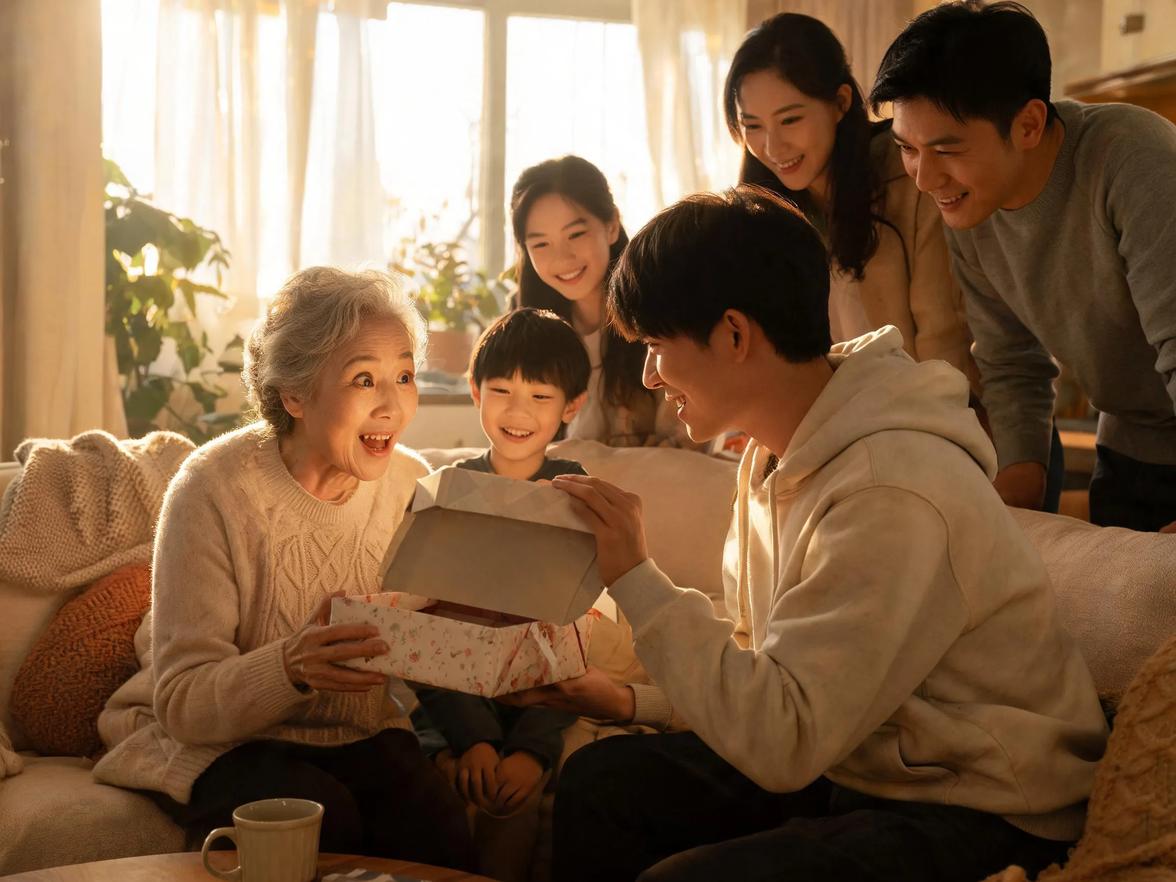 Person's genuine surprised smile while unwrapping an unexpected gift with family nearby