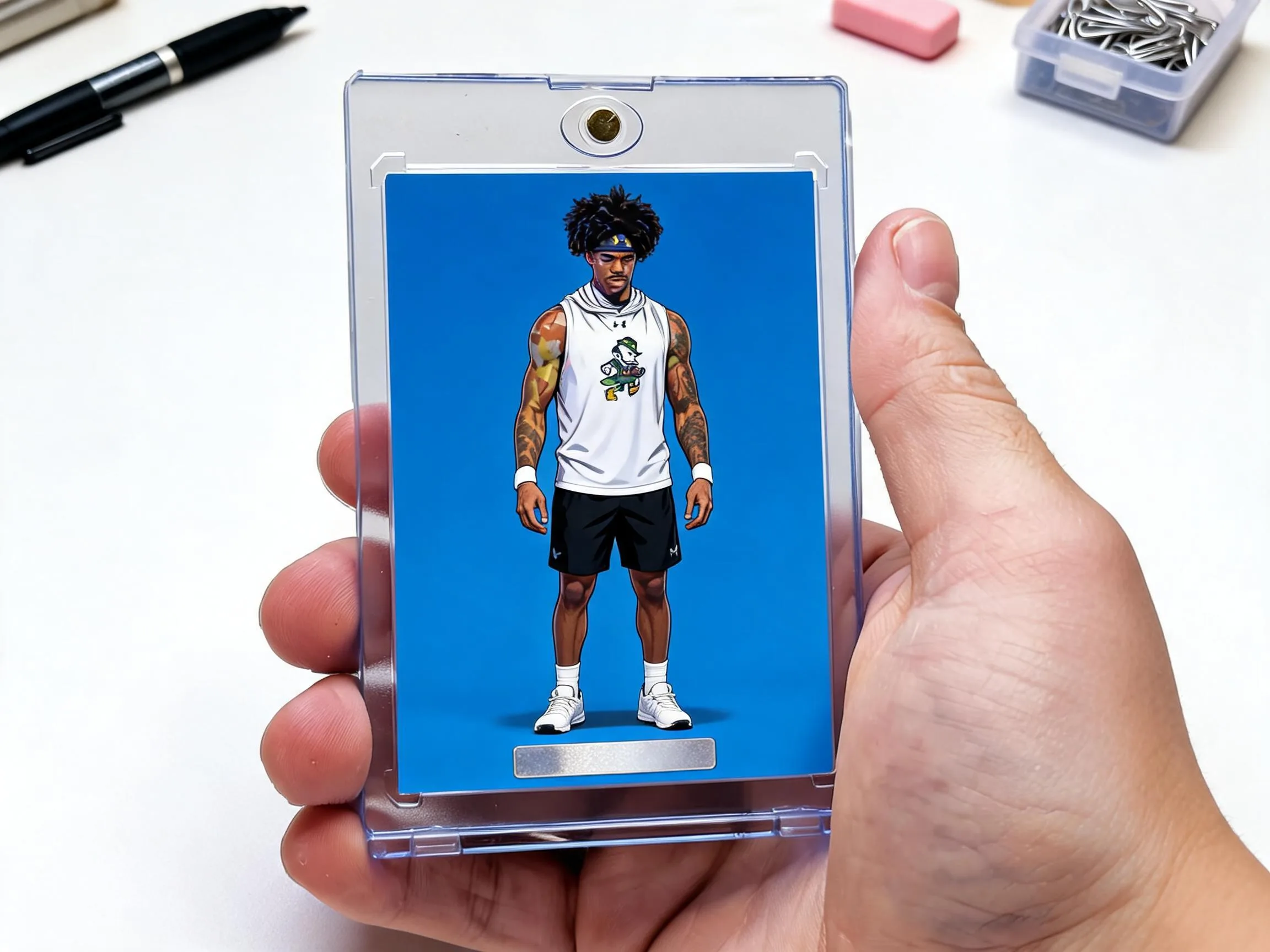 Hand holding a custom keepsake trading card sealed in a clear magnetic case