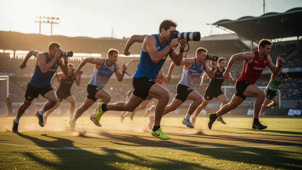 Multiple athletes captured mid-motion during outdoor sports competition with professional photography lighting